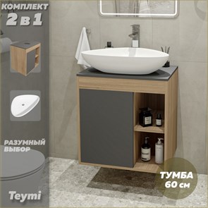 {{photo.Alt || photo.Description || 'Тумба подвесная с раковиной для ванной 60 см Teymi Nura корпус дуб фасад графит раковина Ellie 60 F03457'}}