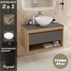 {{photo.Alt || photo.Description || 'Тумба подвесная с раковиной для ванной 85 см Teymi Ritta корпус дуб фасад графит раковина Lina kuppi D40 F11689'}}