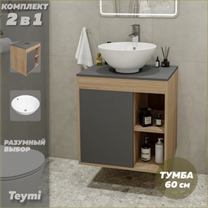 {{photo.Alt || photo.Description || 'Тумба подвесная с раковиной для ванной 60 см Teymi Nura корпус дуб фасад графит раковина Lina kuppi D40 F03460'}}