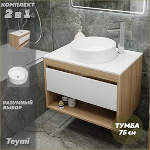 {{photo.Alt || photo.Description || 'Тумба подвесная с раковиной для ванной 75 см Teymi Ritta корпус дуб фасад белый раковина Lina D41 F03393'}}