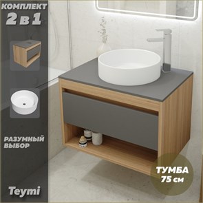 {{photo.Alt || photo.Description || 'Тумба подвесная с раковиной для ванной 75 см Teymi Ritta корпус дуб фасад графит раковина Lina D41 F03418'}}