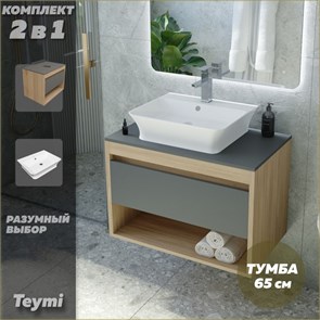 {{photo.Alt || photo.Description || 'Тумба подвесная с раковиной для ванной 65 см Teymi Ritta корпус дуб фасад графит раковина Aina 49 F03365'}}