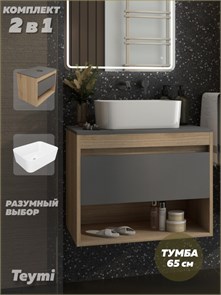 {{photo.Alt || photo.Description || 'Тумба подвесная с раковиной для ванной 65 см Teymi Ritta корпус дуб фасад графит раковина Helmi Mini 40 F15064'}}