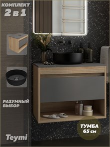 {{photo.Alt || photo.Description || 'Тумба подвесная с раковиной для ванной 65 см Teymi Ritta корпус дуб фасад графит раковина Lina D31 черная матовая F15112'}}