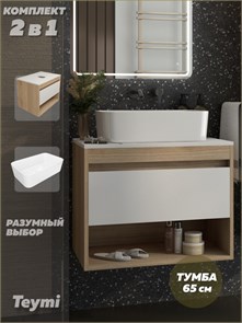 {{photo.Alt || photo.Description || 'Тумба подвесная с раковиной для ванной 65 см Teymi Ritta корпус дуб фасад белый раковина Helmi Mini 48 F15047'}}