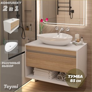 {{photo.Alt || photo.Description || 'Тумба подвесная с раковиной для ванной 85 см Teymi Ritta корпус белый фасад дуб раковина Ellie 60 F15201'}}