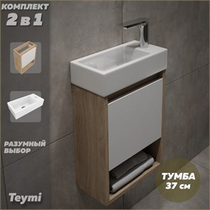 {{photo.Alt || photo.Description || 'Тумба подвесная с раковиной для ванной 37 см Teymi Nura корпус дуб фасад белый раковина Hanna 37  правая F15026'}}