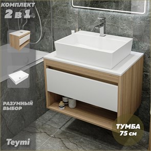 {{photo.Alt || photo.Description || 'Тумба подвесная с раковиной для ванной 75 см Teymi Ritta корпус дуб фасад белый раковина Aina 56 F03396'}}