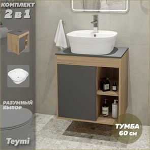 {{photo.Alt || photo.Description || 'Тумба подвесная с раковиной для ванной 60 см Teymi Nura корпус дуб фасад графит раковина Solli 43 F03469'}}