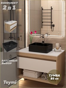 {{photo.Alt || photo.Description || 'Тумба подвесная с раковиной для ванной 85 см Teymi Ritta корпус дуб фасад белый раковина Helmi Mini 41 черная матовая F15091'}}