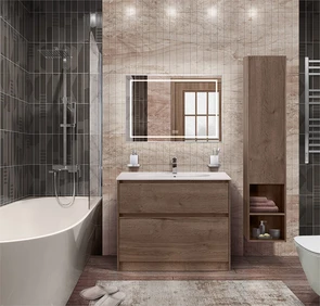 {{photo.Alt || photo.Description || 'Тумба с керамической раковиной напольная BelBagno KRAFT 100 Rovere Tabacco, раковина LOV-1000-LVB белая'}}