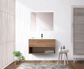 {{photo.Alt || photo.Description || 'Тумба c раковиной подвесная с одним ящиком и одной открытой полкой BelBagno KRAFT 90 Rovere Tabacco, раковина белая'}}