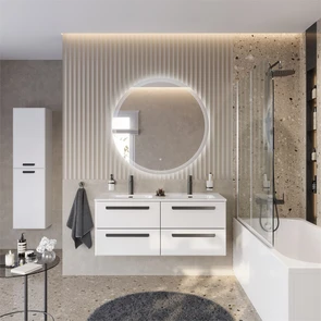 {{photo.Alt || photo.Description || 'Тумба с раковиной подвесная с четырьмя ящиками CEZARES ECO-CER-N 120 Bianco Lucido, раковина белая с двумя чашами CZR-8095-120-2'}}