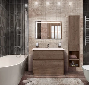 {{photo.Alt || photo.Description || 'Тумба со стеклянной матовой раковиной напольная BelBagno KRAFT 100 Rovere Tabacco, раковина белая'}}