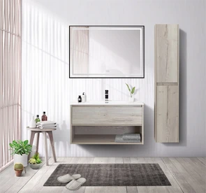 {{photo.Alt || photo.Description || 'Тумба c раковиной подвесная с одним ящиком и одной открытой полкой BelBagno KRAFT 80 Rovere Galifax Bianco, раковина белая'}}
