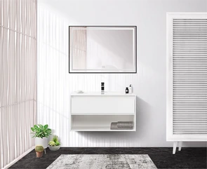 {{photo.Alt || photo.Description || 'Тумба c раковиной подвесная с одним ящиком и одной открытой полкой BelBagno KRAFT 100 Bianco Opaco, раковина белая'}}