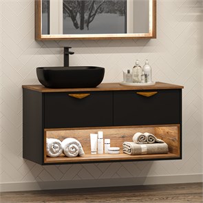 {{photo.Alt || photo.Description || 'BERGEN -105 Тумба подвесная 2 ящ. (ДСП (Дуб Гал/черн мат.эмаль) + раковина'}}