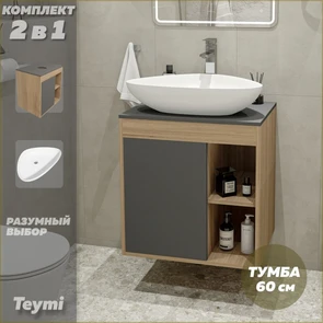 {{photo.Alt || photo.Description || 'Тумба подвесная с раковиной для ванной 60 см Teymi Nura корпус дуб фасад графит раковина Ellie 60 F03457'}}