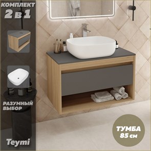 {{photo.Alt || photo.Description || 'Тумба подвесная с раковиной для ванной 85 см Teymi Ritta корпус дуб фасад графит раковина Solli 50 F11693'}}