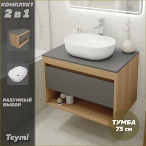 {{photo.Alt || photo.Description || 'Тумба подвесная с раковиной для ванной 75 см Teymi Ritta корпус дуб фасад графит раковина Solli 48 F03424'}}