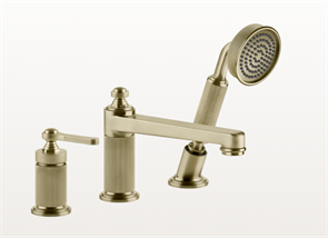Gessi Venti20 смеситель для ванны на 3 отверстия, на горизонтальную поверхность: излив, девиатор, вытяжной душ, шланг 1500 мм, цвет Brushed Brass PVD 65037.727