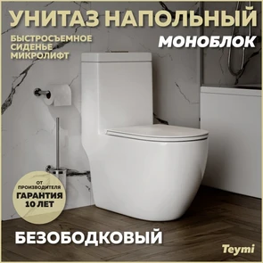 {{photo.Alt || photo.Description || 'Унитаз напольный моноблок безободковый с быстросъемным сиденьем микролифт Teymi Lina T41102'}}