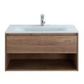 Тумба cо стеклянной раковиной подвесная с одним ящиком и одной открытой полкой BelBagno KRAFT 90 Rovere Tabacco, раковина белая BB910/465-LV-VTR-BL
